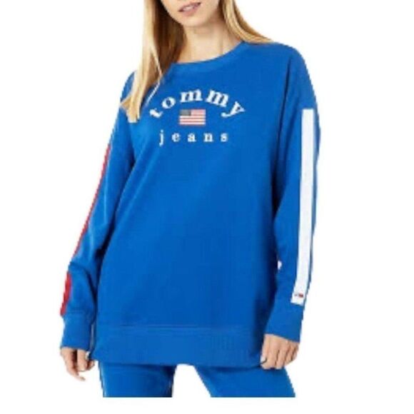 Tommy Jeans Women’s S Oversized‎ Logo Sweatshirt Flag Stripe Longline Lounge Red - Picture 7 of 10